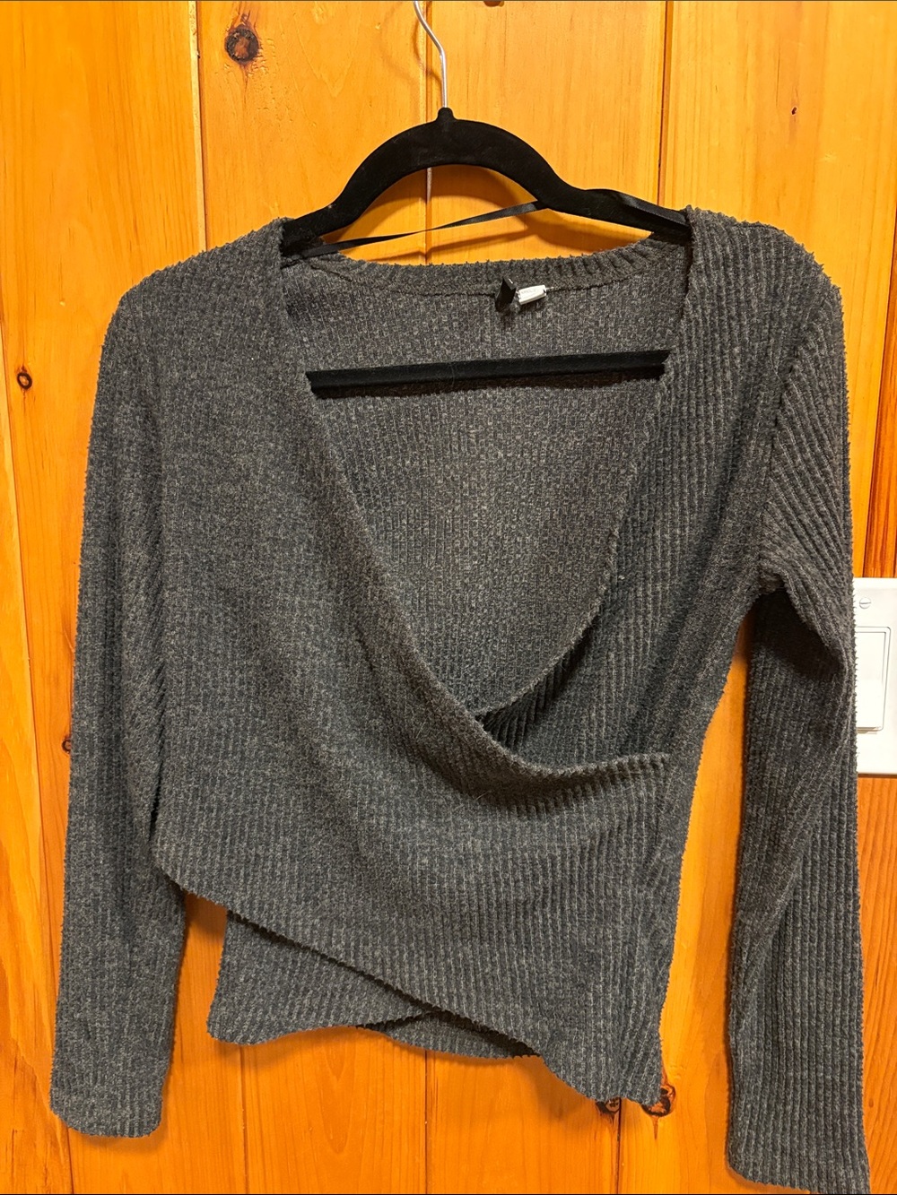 Only Charcoal Gray Ribbed Wrap V-Neck Sweater
